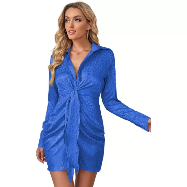 LYANER Women's Leopard Satin Deep Collar V Neck Tie Front Long Sleeve Mini Party Dress