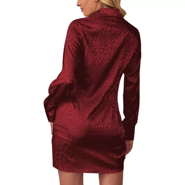 LYANER Women's Leopard Satin Deep Collar V Neck Tie Front Long Sleeve Mini Party Dress