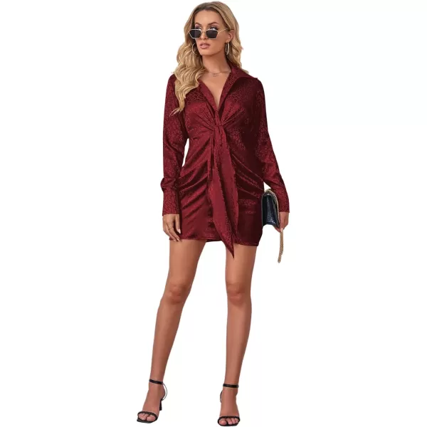 LYANER Women's Leopard Satin Deep Collar V Neck Tie Front Long Sleeve Mini Party Dress