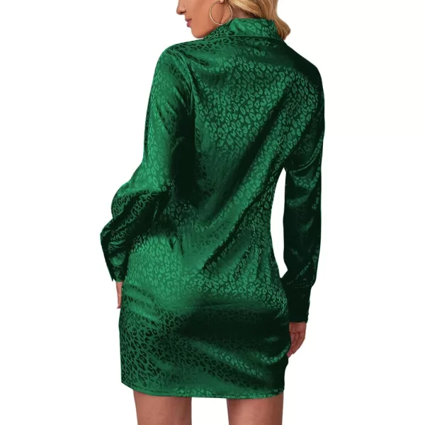 LYANER Women's Leopard Satin Deep Collar V Neck Tie Front Long Sleeve Mini Party Dress