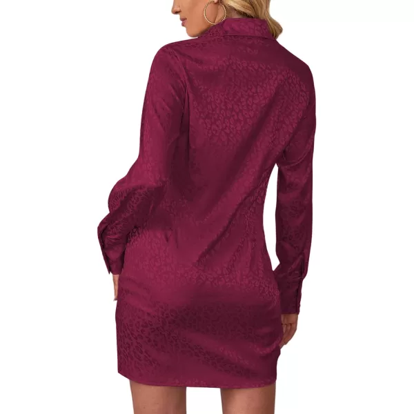 LYANER Women's Leopard Satin Deep Collar V Neck Tie Front Long Sleeve Mini Party Dress