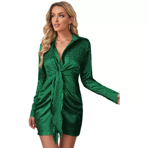 LYANER Women's Leopard Satin Deep Collar V Neck Tie Front Long Sleeve Mini Party Dress