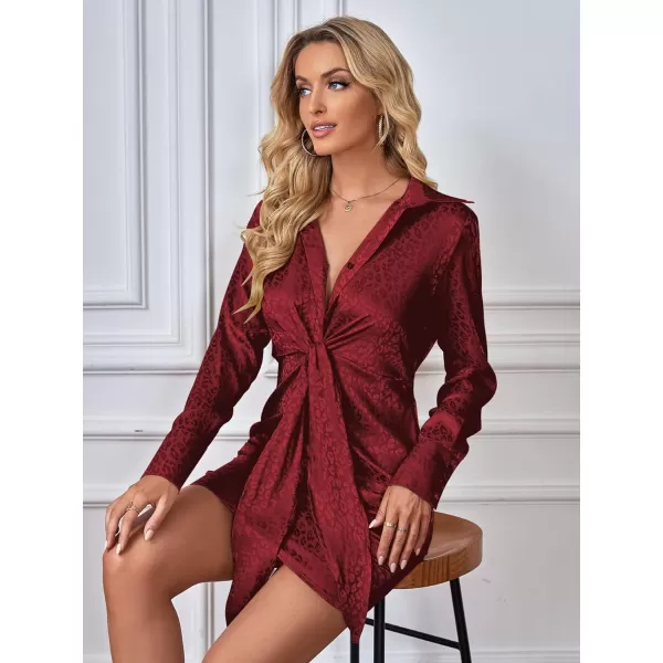 LYANER Women's Leopard Satin Deep Collar V Neck Tie Front Long Sleeve Mini Party Dress