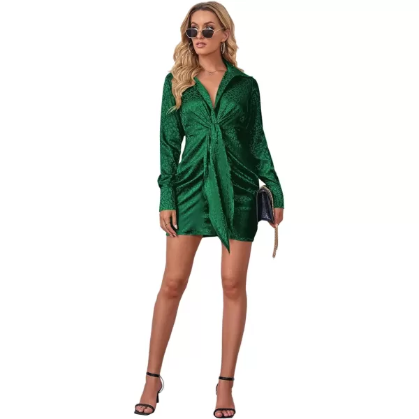 LYANER Women's Leopard Satin Deep Collar V Neck Tie Front Long Sleeve Mini Party Dress