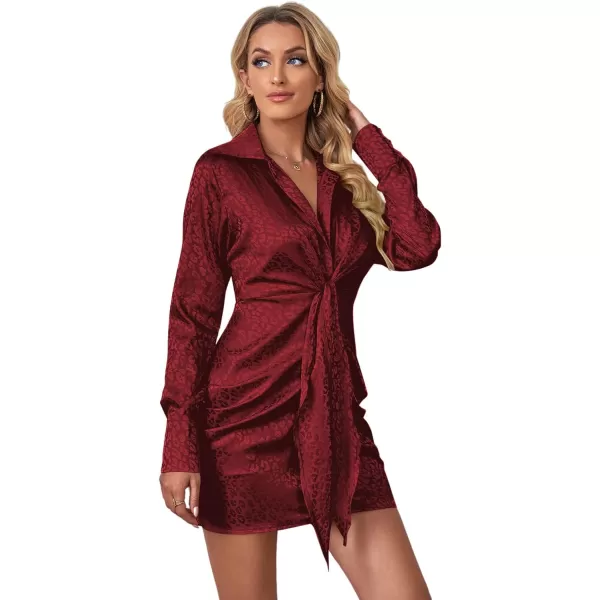 LYANER Women's Leopard Satin Deep Collar V Neck Tie Front Long Sleeve Mini Party Dress