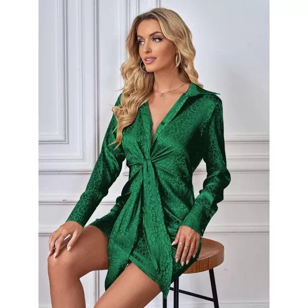 LYANER Women's Leopard Satin Deep Collar V Neck Tie Front Long Sleeve Mini Party Dress