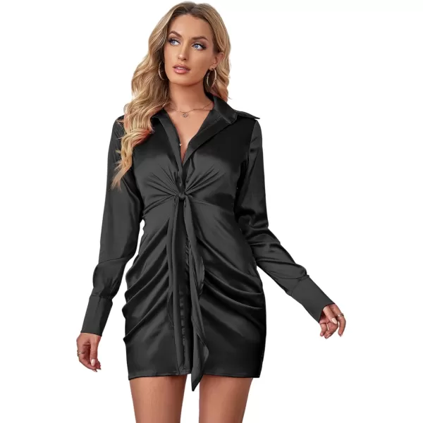 LYANER Women's Leopard Satin Deep Collar V Neck Tie Front Long Sleeve Mini Party Dress