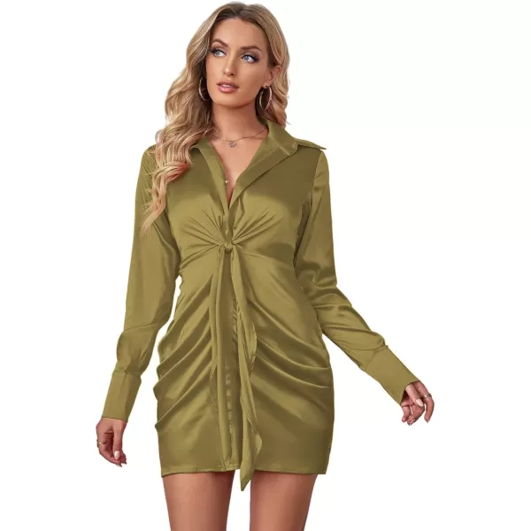 LYANER Women's Leopard Satin Deep Collar V Neck Tie Front Long Sleeve Mini Party Dress
