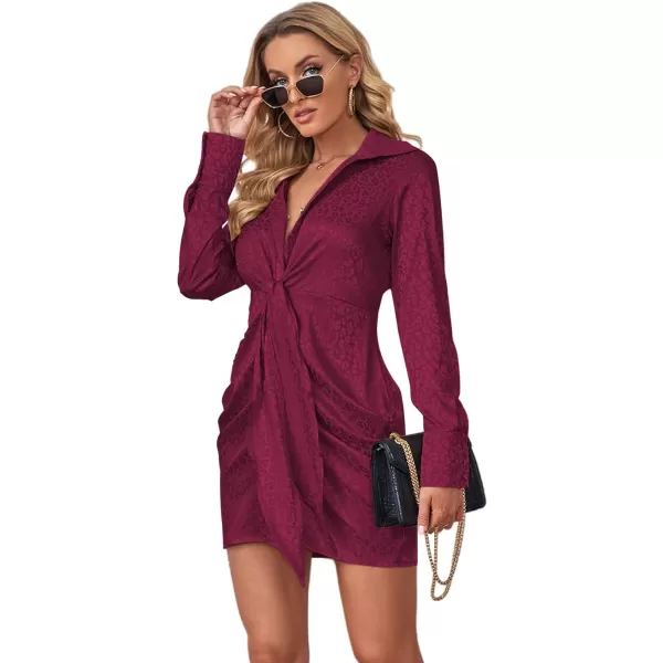 LYANER Women's Leopard Satin Deep Collar V Neck Tie Front Long Sleeve Mini Party Dress