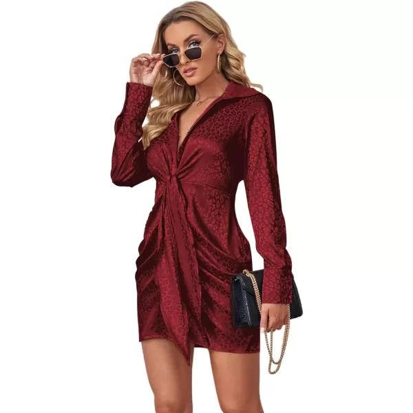 LYANER Women's Leopard Satin Deep Collar V Neck Tie Front Long Sleeve Mini Party Dress