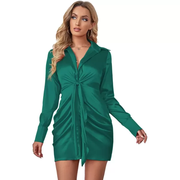 LYANER Women's Leopard Satin Deep Collar V Neck Tie Front Long Sleeve Mini Party Dress