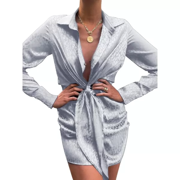 LYANER Women's Leopard Satin Deep Collar V Neck Tie Front Long Sleeve Mini Party Dress