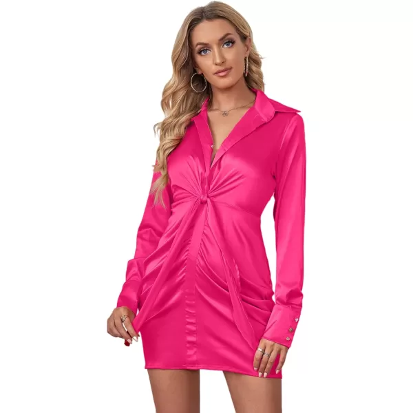 LYANER Women's Leopard Satin Deep Collar V Neck Tie Front Long Sleeve Mini Party Dress