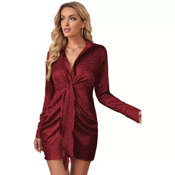 LYANER Women's Leopard Satin Deep Collar V Neck Tie Front Long Sleeve Mini Party Dress