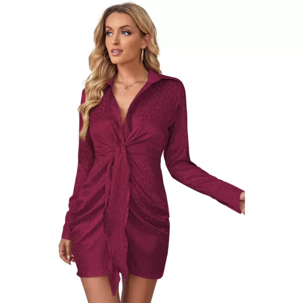 LYANER Women's Leopard Satin Deep Collar V Neck Tie Front Long Sleeve Mini Party Dress