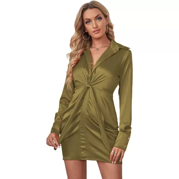 LYANER Women's Leopard Satin Deep Collar V Neck Tie Front Long Sleeve Mini Party Dress