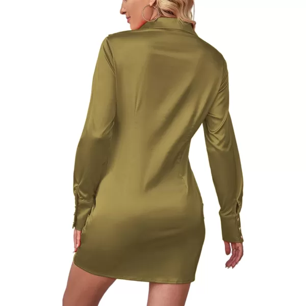 LYANER Women's Leopard Satin Deep Collar V Neck Tie Front Long Sleeve Mini Party Dress