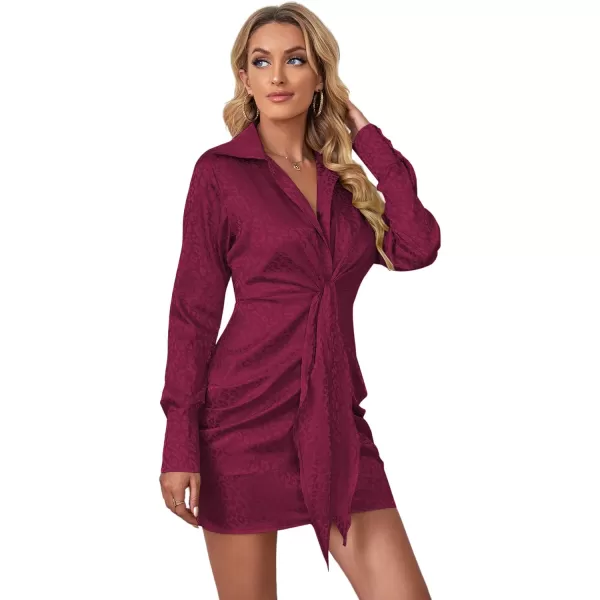 LYANER Women's Leopard Satin Deep Collar V Neck Tie Front Long Sleeve Mini Party Dress