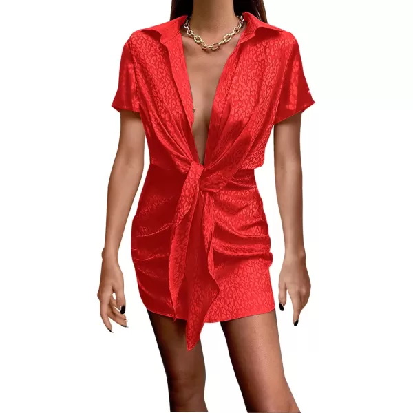 LYANER Women's Leopard Satin Deep V Neck Tie Front Short Sleeve Sexy Party Mini Dress