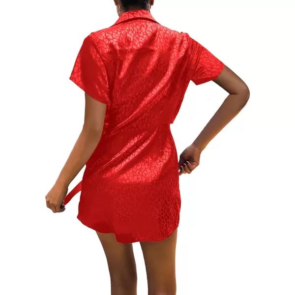LYANER Women's Leopard Satin Deep V Neck Tie Front Short Sleeve Sexy Party Mini Dress