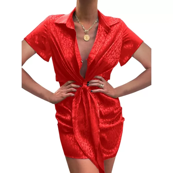 LYANER Women's Leopard Satin Deep V Neck Tie Front Short Sleeve Sexy Party Mini Dress