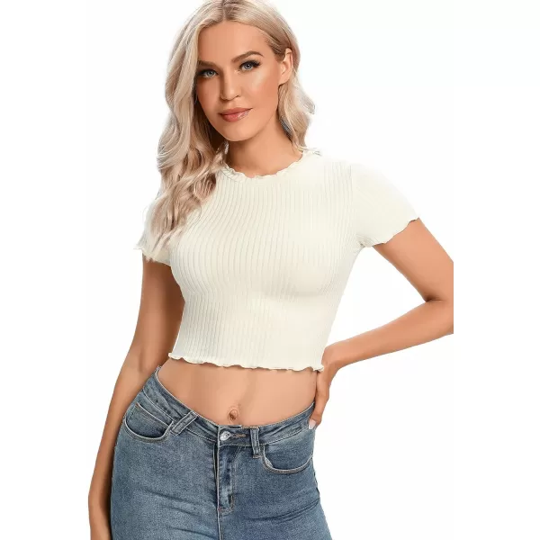 LYANER Women's Lettuce Trim Ribbed Knit Short Sleeve Crop Top Slim Fitted T-Shirt Tee