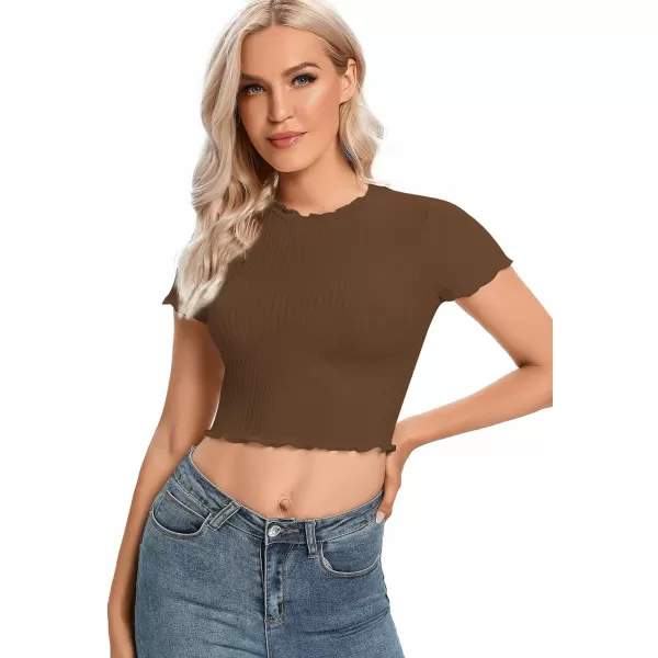 LYANER Women's Lettuce Trim Ribbed Knit Short Sleeve Crop Top Slim Fitted T-Shirt Tee