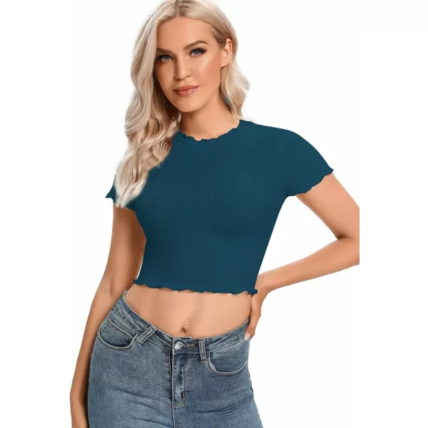 LYANER Women's Lettuce Trim Ribbed Knit Short Sleeve Crop Top Slim Fitted T-Shirt Tee