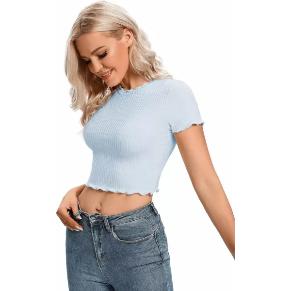 LYANER Women's Lettuce Trim Ribbed Knit Short Sleeve Crop Top Slim Fitted T-Shirt Tee