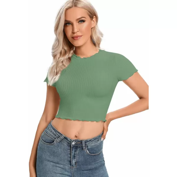 LYANER Women's Lettuce Trim Ribbed Knit Short Sleeve Crop Top Slim Fitted T-Shirt Tee