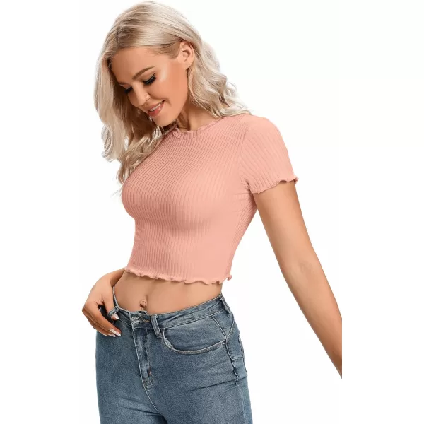 LYANER Women's Lettuce Trim Ribbed Knit Short Sleeve Crop Top Slim Fitted T-Shirt Tee
