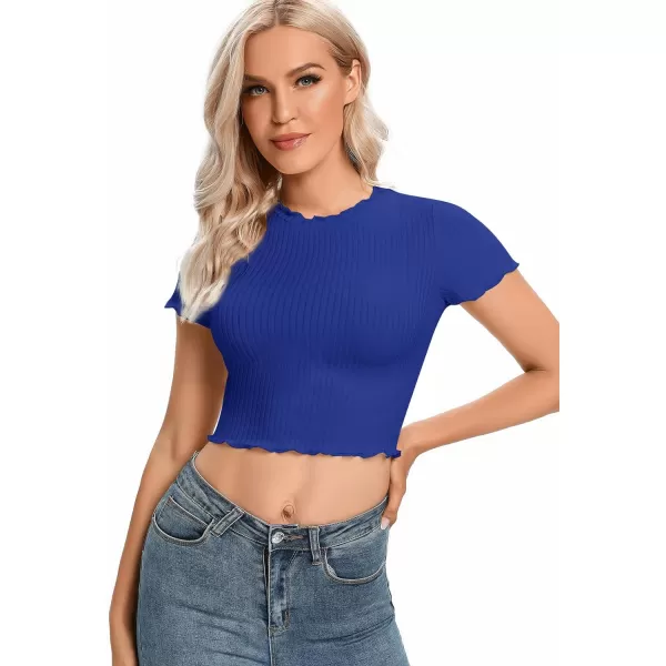 LYANER Women's Lettuce Trim Ribbed Knit Short Sleeve Crop Top Slim Fitted T-Shirt Tee