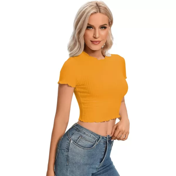 LYANER Women's Lettuce Trim Ribbed Knit Short Sleeve Crop Top Slim Fitted T-Shirt Tee