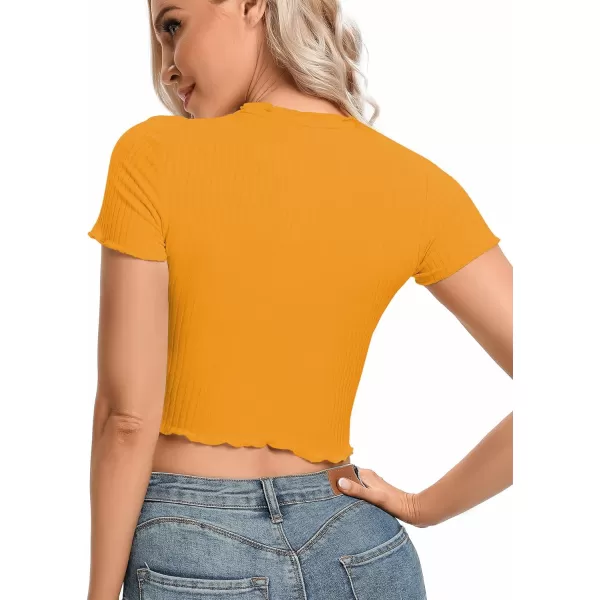 LYANER Women's Lettuce Trim Ribbed Knit Short Sleeve Crop Top Slim Fitted T-Shirt Tee