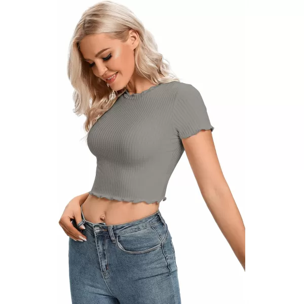 LYANER Women's Lettuce Trim Ribbed Knit Short Sleeve Crop Top Slim Fitted T-Shirt Tee