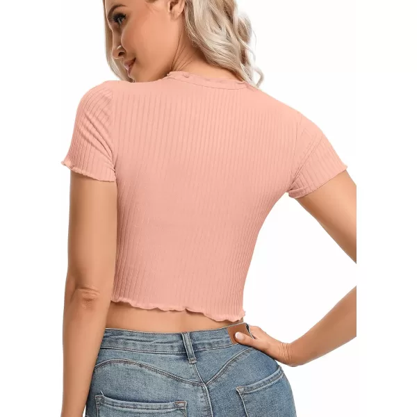 LYANER Women's Lettuce Trim Ribbed Knit Short Sleeve Crop Top Slim Fitted T-Shirt Tee