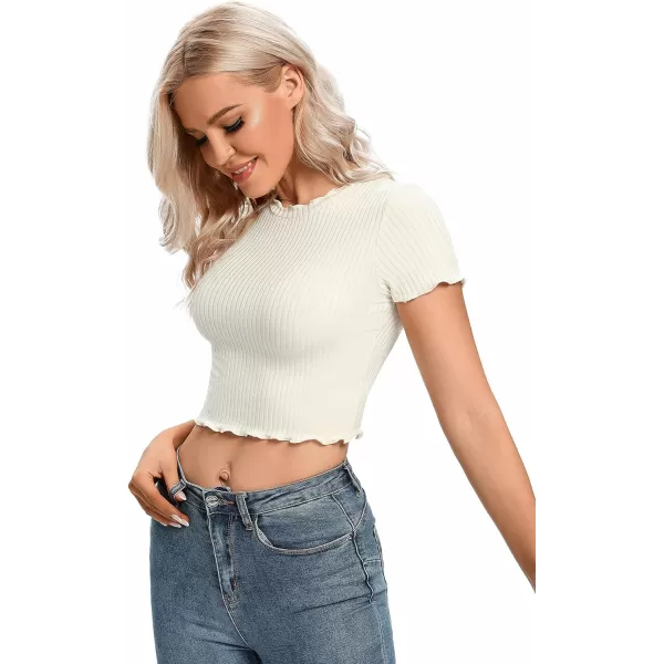 LYANER Women's Lettuce Trim Ribbed Knit Short Sleeve Crop Top Slim Fitted T-Shirt Tee