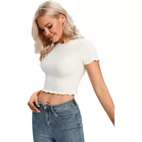 LYANER Women's Lettuce Trim Ribbed Knit Short Sleeve Crop Top Slim Fitted T-Shirt Tee
