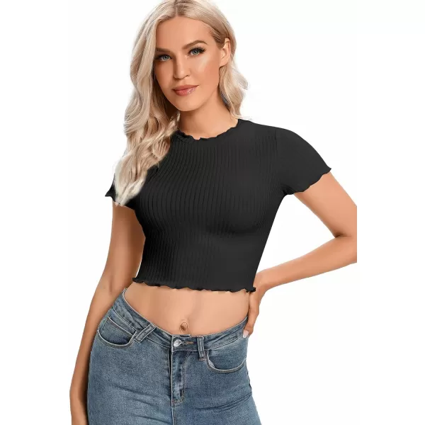 LYANER Women's Lettuce Trim Ribbed Knit Short Sleeve Crop Top Slim Fitted T-Shirt Tee