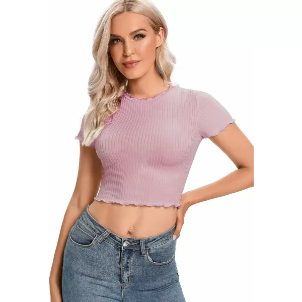 LYANER Women's Lettuce Trim Ribbed Knit Short Sleeve Crop Top Slim Fitted T-Shirt Tee