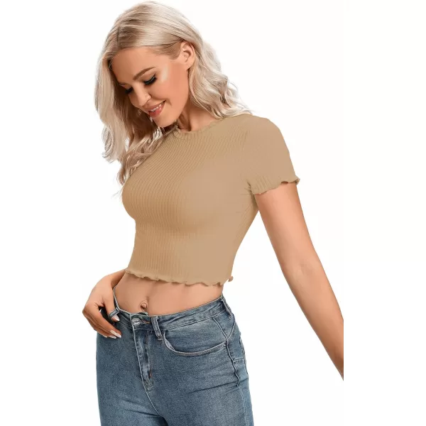 LYANER Women's Lettuce Trim Ribbed Knit Short Sleeve Crop Top Slim Fitted T-Shirt Tee
