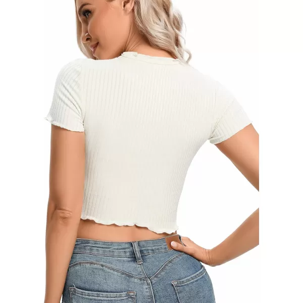 LYANER Women's Lettuce Trim Ribbed Knit Short Sleeve Crop Top Slim Fitted T-Shirt Tee