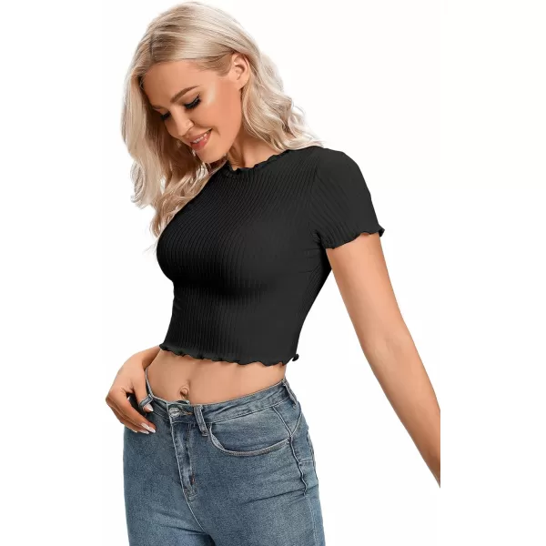 LYANER Women's Lettuce Trim Ribbed Knit Short Sleeve Crop Top Slim Fitted T-Shirt Tee