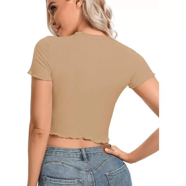 LYANER Women's Lettuce Trim Ribbed Knit Short Sleeve Crop Top Slim Fitted T-Shirt Tee