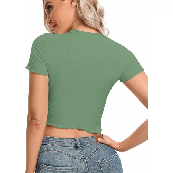 LYANER Women's Lettuce Trim Ribbed Knit Short Sleeve Crop Top Slim Fitted T-Shirt Tee