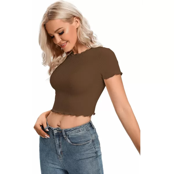LYANER Women's Lettuce Trim Ribbed Knit Short Sleeve Crop Top Slim Fitted T-Shirt Tee