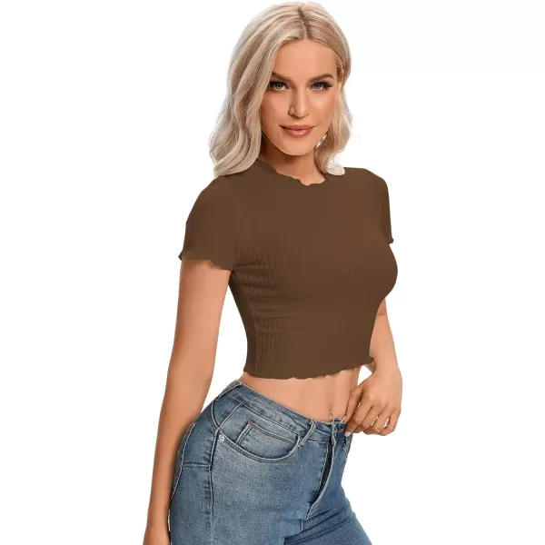 LYANER Women's Lettuce Trim Ribbed Knit Short Sleeve Crop Top Slim Fitted T-Shirt Tee