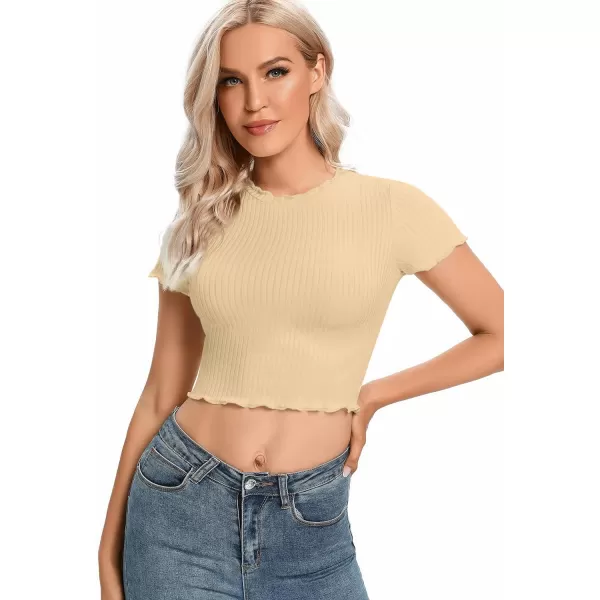 LYANER Women's Lettuce Trim Ribbed Knit Short Sleeve Crop Top Slim Fitted T-Shirt Tee