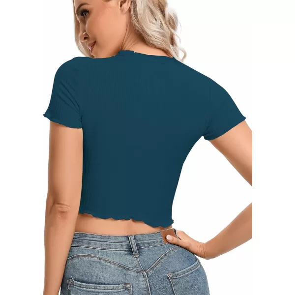 LYANER Women's Lettuce Trim Ribbed Knit Short Sleeve Crop Top Slim Fitted T-Shirt Tee
