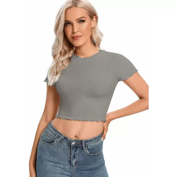 LYANER Women's Lettuce Trim Ribbed Knit Short Sleeve Crop Top Slim Fitted T-Shirt Tee